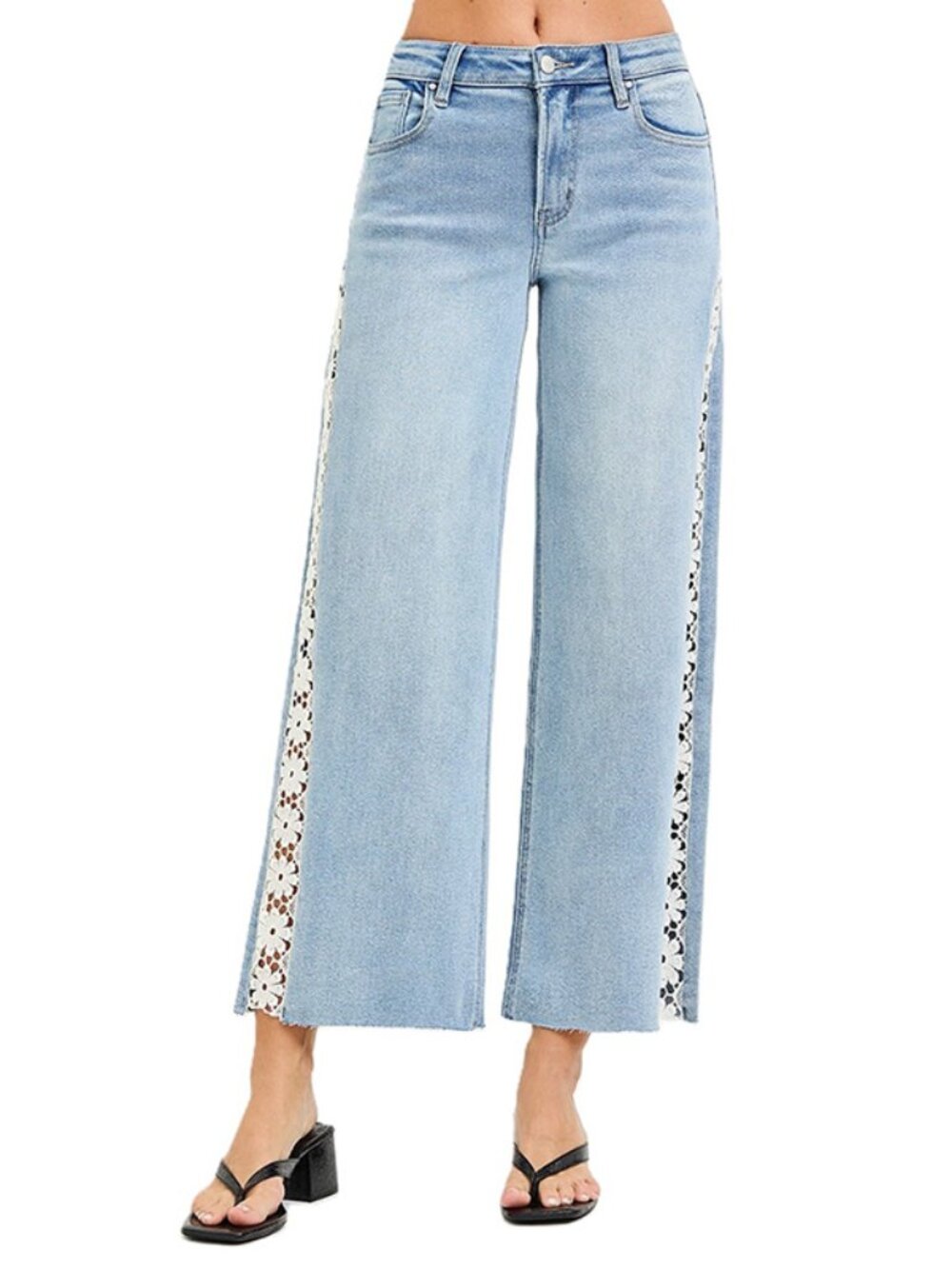 Wide Leg Light Blue Denim Jeans with Lace Side Panels